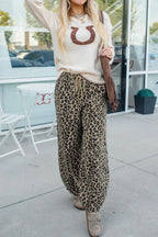 Khaki Leopard Print Drawstring Elastic Waist Loose Denim Pants with Pockets