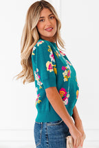 Blue Flower Pattern Mock Neck Short Sleeve Knitted T Shirt