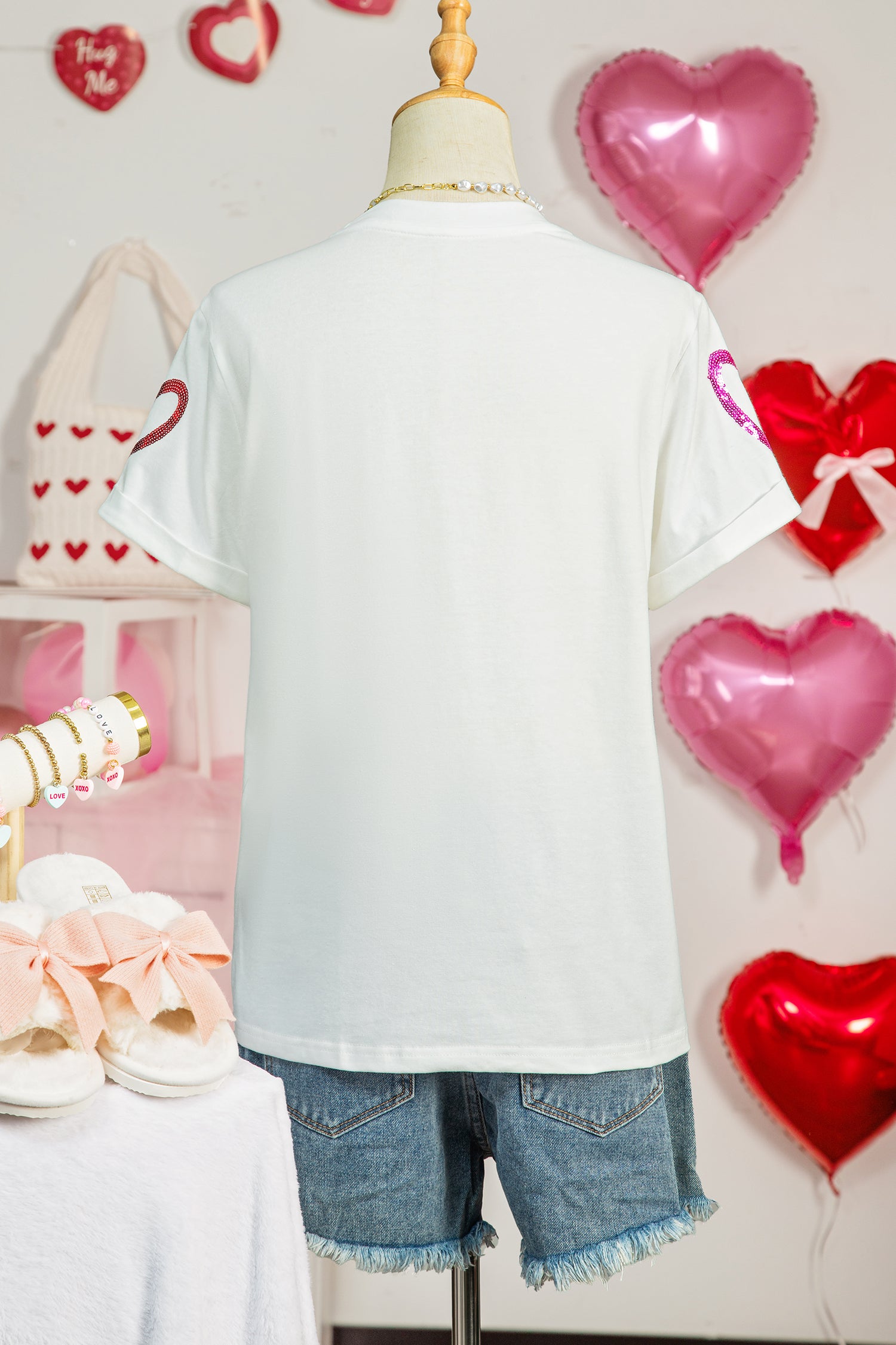 White Sequin Heart Sketch Graphic Womens Casual Tee