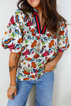 Multicolour Contrasted V Neckline Floral Puff Short Sleeve Blouse