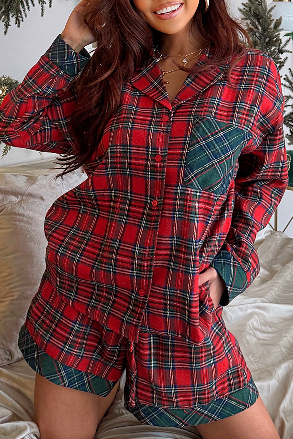 Red Plaid Contrast Patched Christmas Holiday Long Sleeve Shirt and Short 2pcs Pajama Set