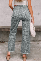 Grey Leopard Frayed Edge Wide Leg High Waist Jeans