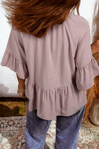 Sepia Rose Slit V Neck Ruffled Loose Blouse