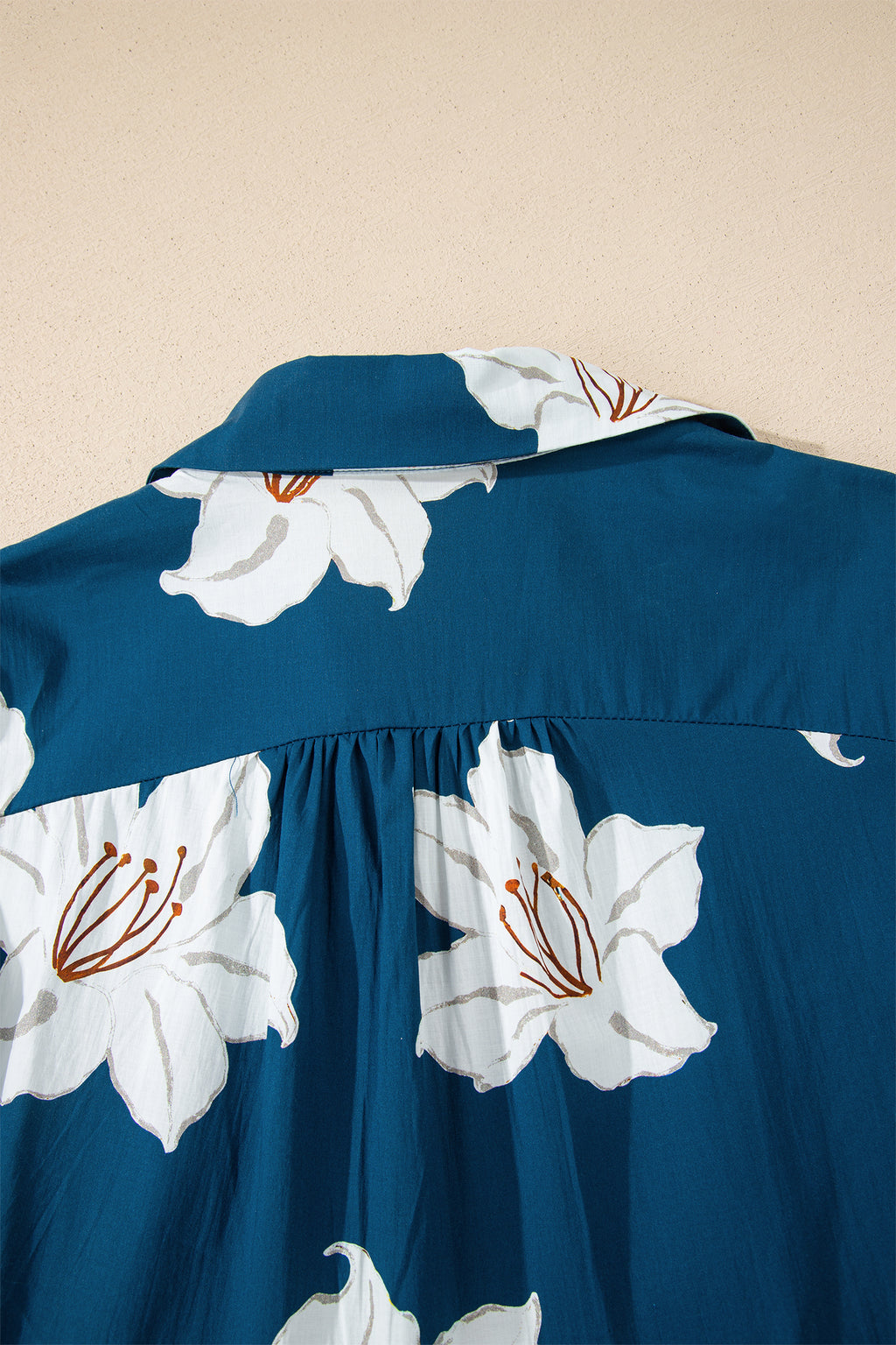 Blue Floral Print Shirt Collar V Neck 3/4 Sleeve Shift Midi Dress