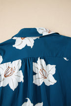 Blue Floral Print Shirt Collar V Neck 3/4 Sleeve Shift Midi Dress