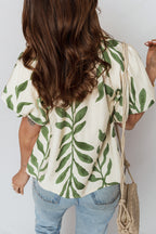 Green Leaf Print Short Balloon Sleeve Shirt