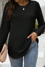 Ribbed Texture Round Neck Long Sleeve Rounded Hem Knit Top