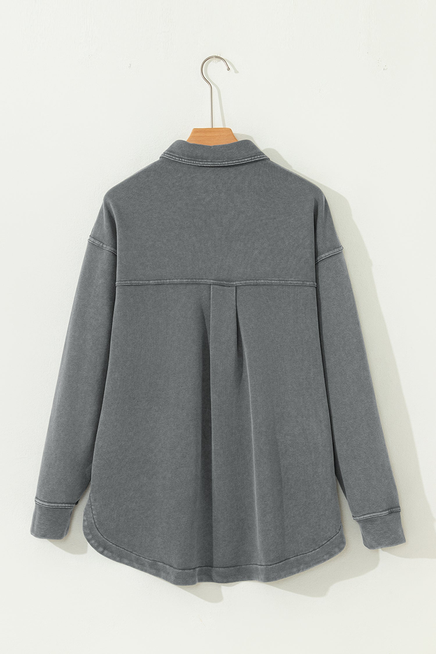 Medium Grey Mineral Wash Chest Pockets Drop Shoulder Shacket with Side Slit