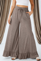Jungle Green Ruffled Wide Leg Pull On High Waist Pants with Pockets