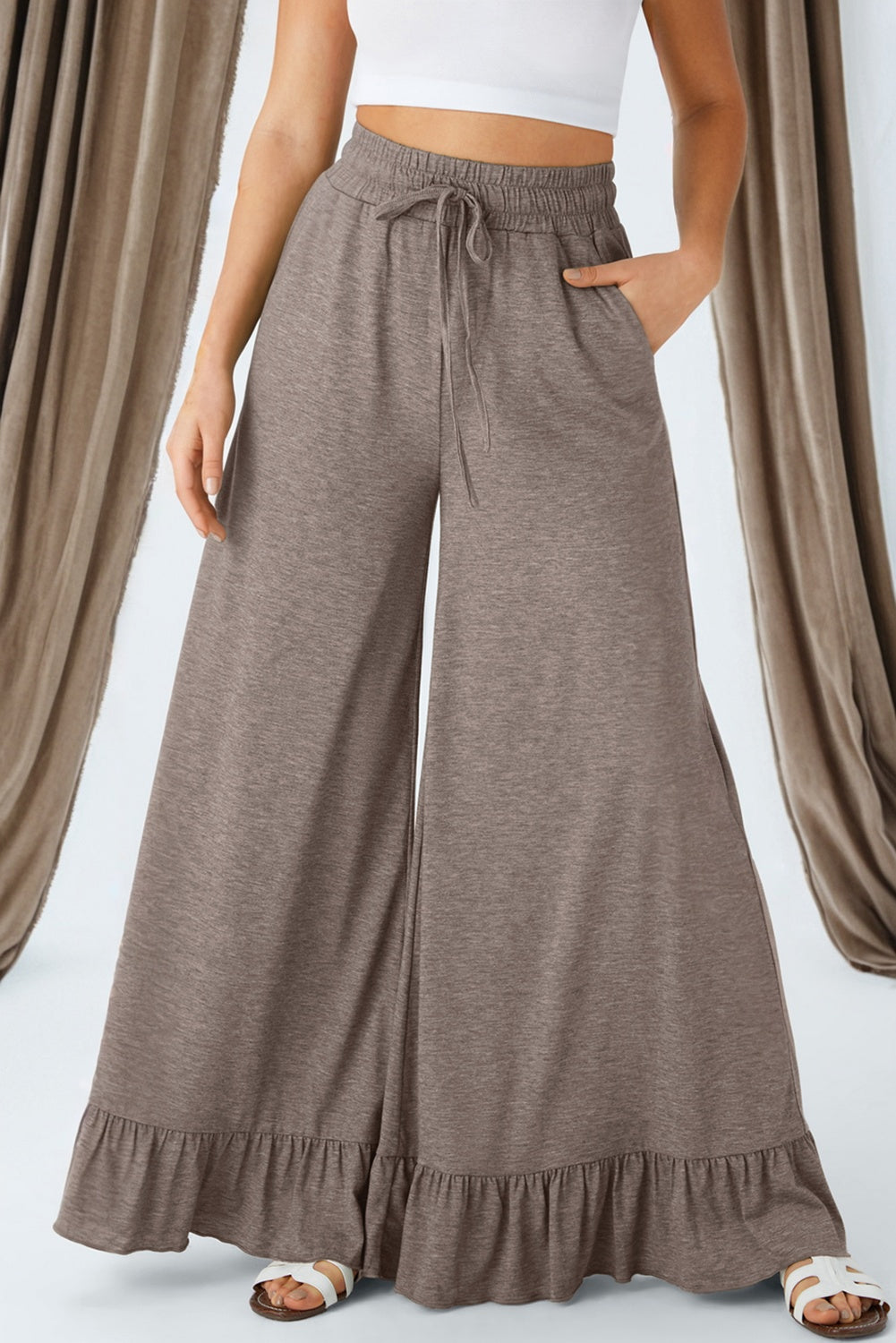 Jungle Green Ruffled Wide Leg Pull On High Waist Pants with Pockets