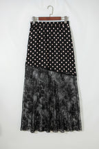 Black Asymmetric Polka Dot Print Sheer Lace Patchwork Maxi Skirt