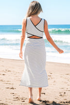 Red Stripe Criss Cross Side Slits Slim Fit Sleeveless Midi Dress