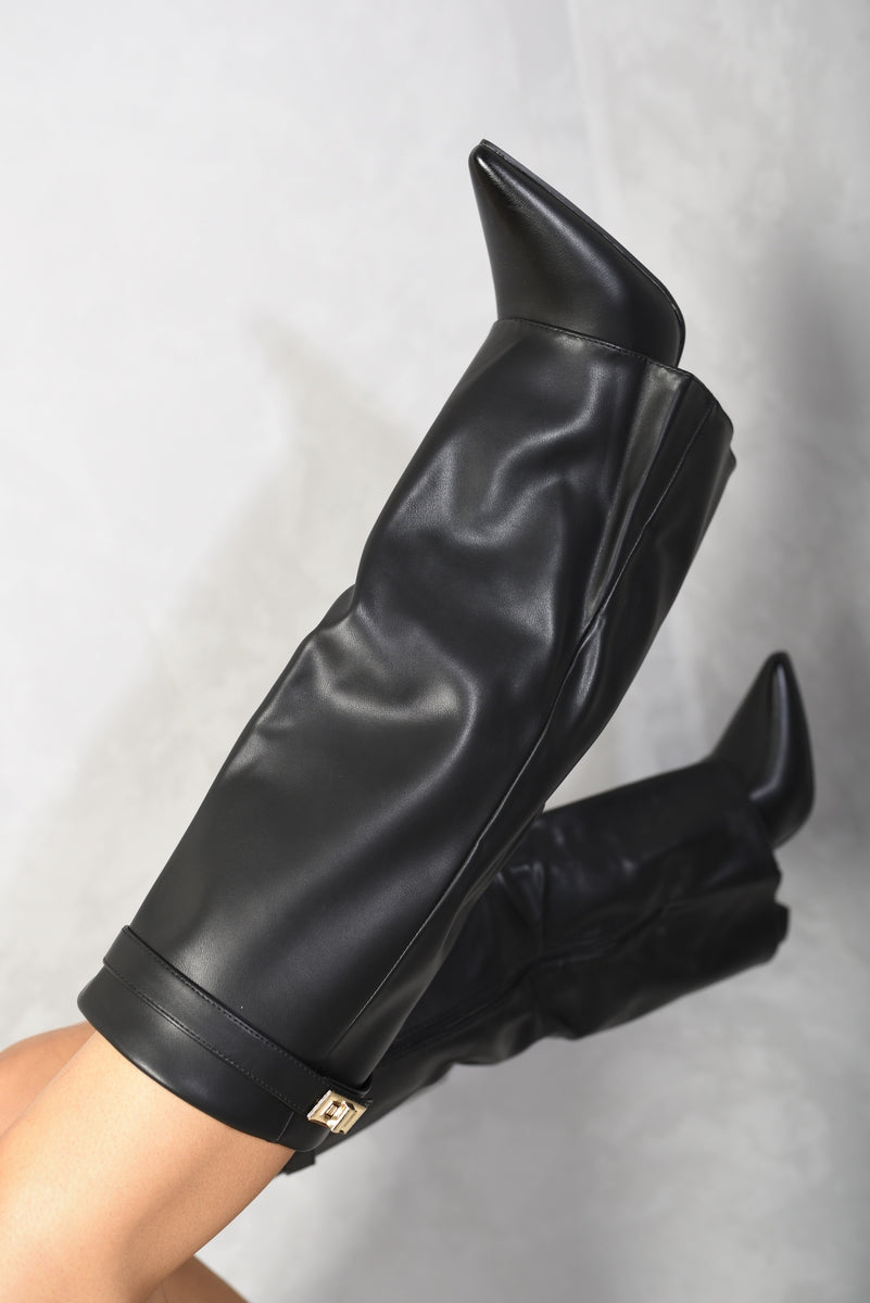 Myla Skirted Fold Over Buckle Pointed Toe High Boots