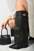 Myla Skirted Fold Over Buckle Pointed Toe High Boots