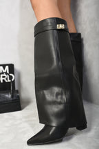 Myla Skirted Fold Over Buckle Pointed Toe High Boots