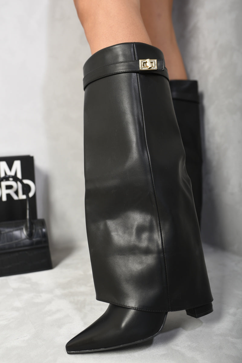 Myla Skirted Fold Over Buckle Pointed Toe High Boots
